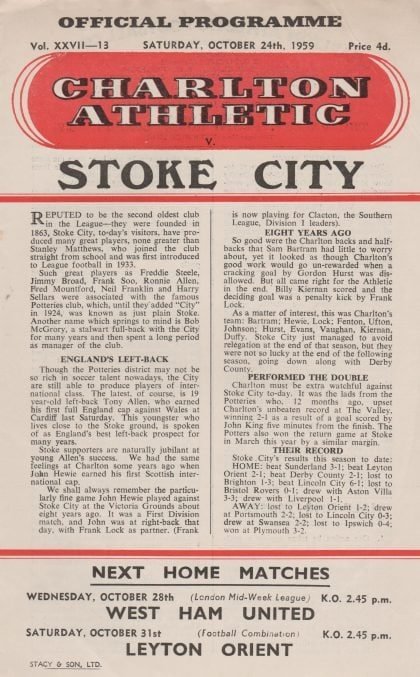 Charlton Athletic v Stoke City  24-Oct-1959