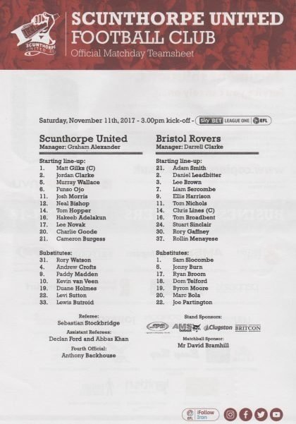 Scunthorpe United v Bristol Rovers  11-Nov-2017