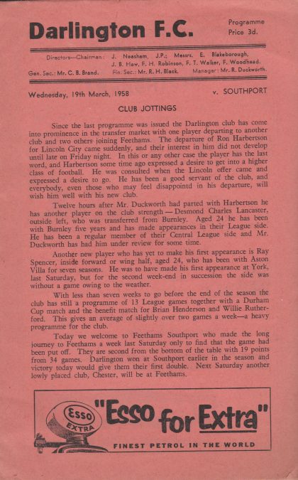 Darlington v Southport 19-Mar-1958