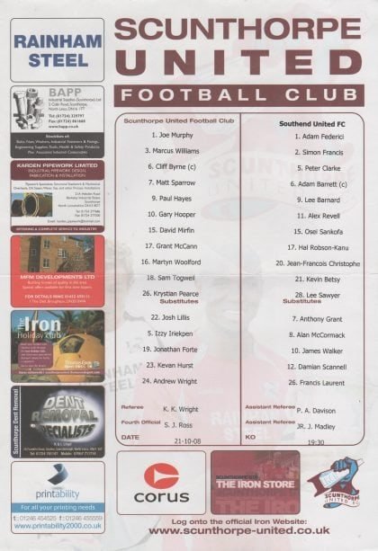 Scunthorpe United v Southend United  21-Oct-2008