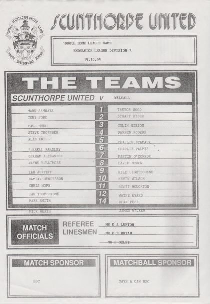 Scunthorpe United v Walsall  15-Oct-1994