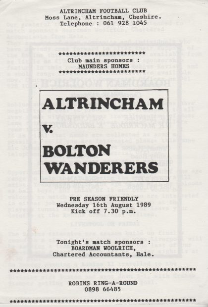 Altrincham v Bolton Wanderers 16-Aug-1989