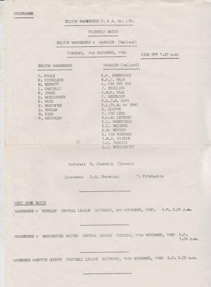 Bolton Wanderers v Haarlem 04-Nov-1980