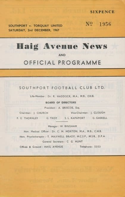 Southport v Torquay United  02-Dec-1967