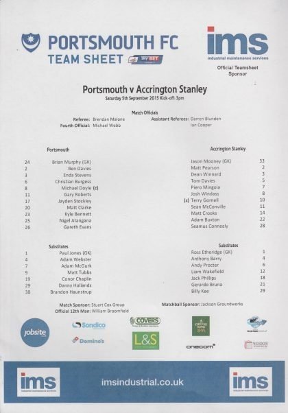 Portsmouth v Accrington Stanley  05-Sep-2015