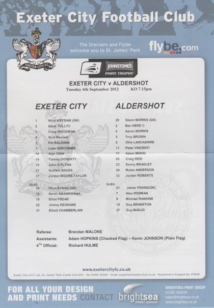 Exeter City v Aldershot Town  04-Sep-2012