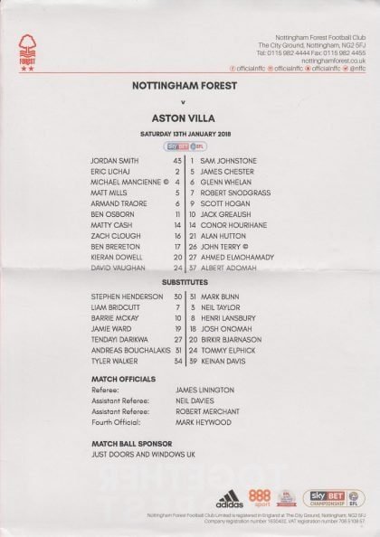 Nottingham Forest v Aston Villa 13-Jan-2018
