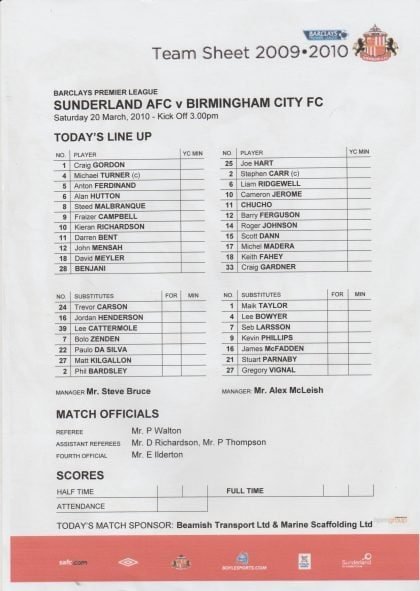 Sunderland v Birmingham City  20-Mar-2010