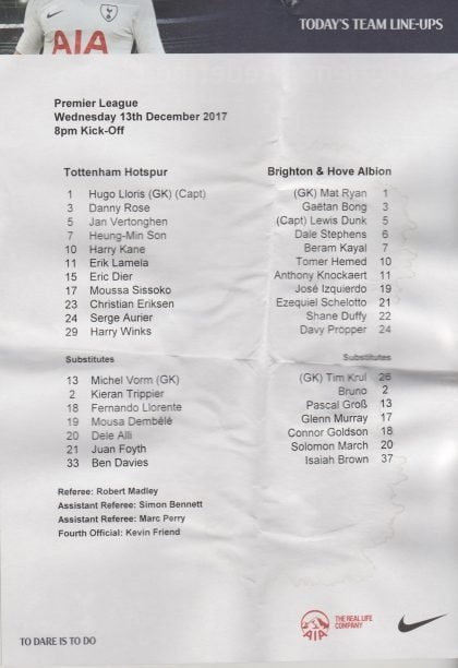 Tottenham Hotspur v Brighton and Hove Albion  13-Dec-2017