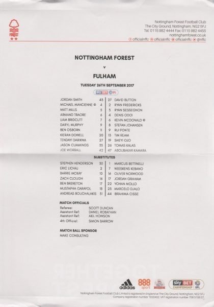 Nottingham Forest v Fulham  26-Sep-2017