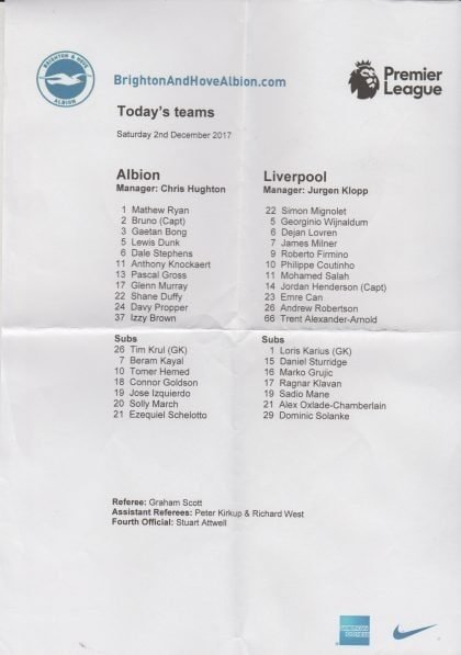 Brighton & Hove Albion v Liverpool  02-Oct-2017