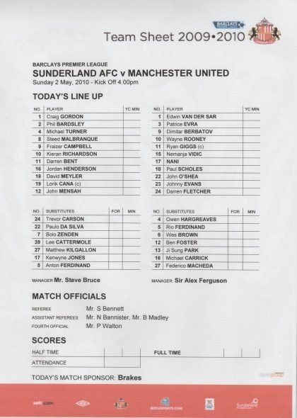 Sunderland v Manchester United 02-May-2010