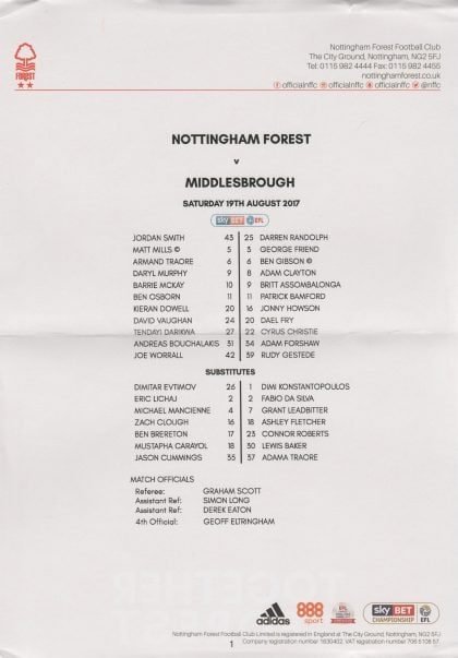 Nottingham Forest v Middlesbrough  19-Aug-2017