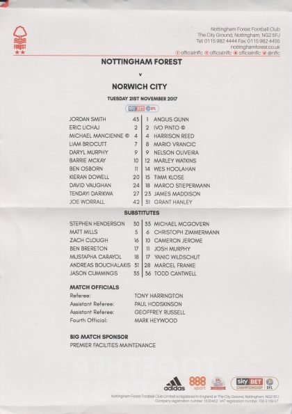 Nottingham Forest v Norwich City  21-Nov-2017