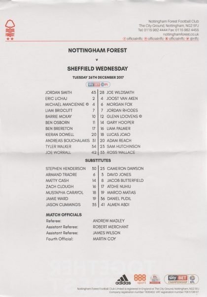 Nottingham Forest v Sheffield Wednesday 26-Dec-2017