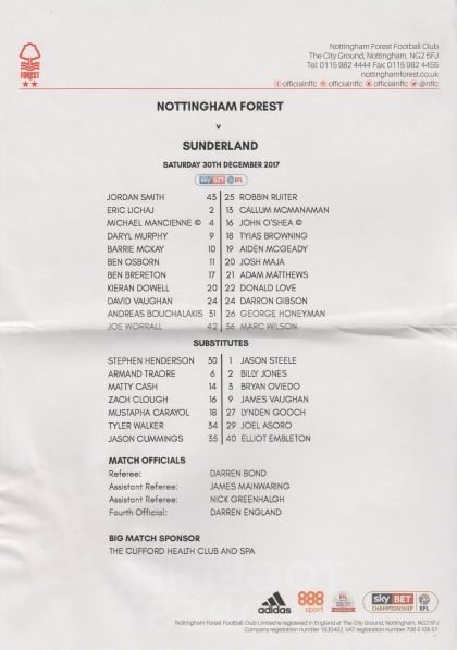 Nottingham Forest v Sunderland 30-Dec-2017