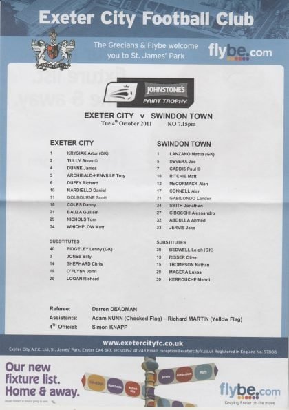 Exeter City v Swindon Town  04-Oct-2011