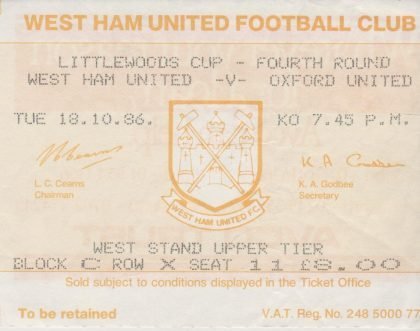 West Ham United v Oxford United 18-Oct-1986
