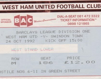 West Ham United v Swindon Town 24-Oct-1992