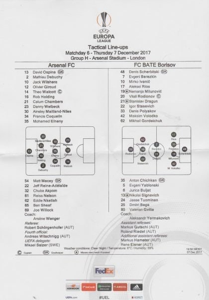Arsenal v BATE Borisov  07-Dec-2017