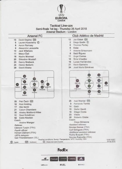 Arsenal v Atletico Madrid 26-Apr-2018