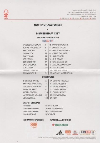 Nottingham Forest v Birmingham City  03-Mar-2018