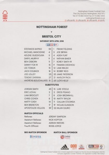 Nottingham Forest v Bristol City 28-Apr-2018