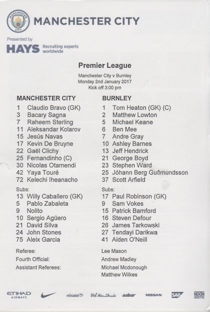 Manchester City v Burnley  02-Jan-2017