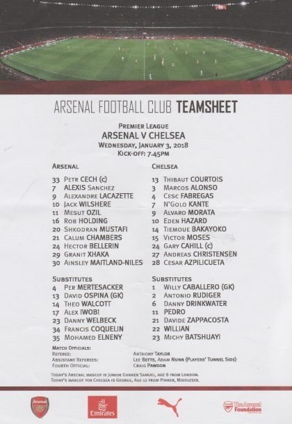 Arsenal v Chelsea   03-Jan-2018