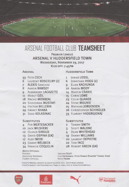 Arsenal v Huddersfield Town  29-Nov-2017