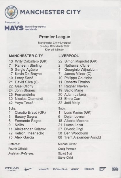 Manchester City v Liverpool  19-Mar-2017