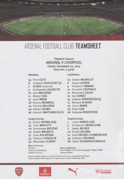 Arsenal v Liverpool   22-Dec-2017