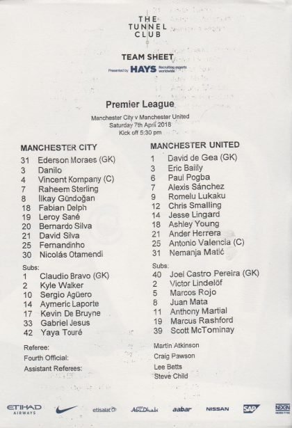 Manchester City v Manchester United 07-Apr-2018