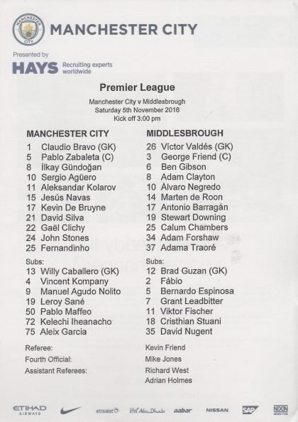 Manchester City v Middlesbrough 05-Nov-2016