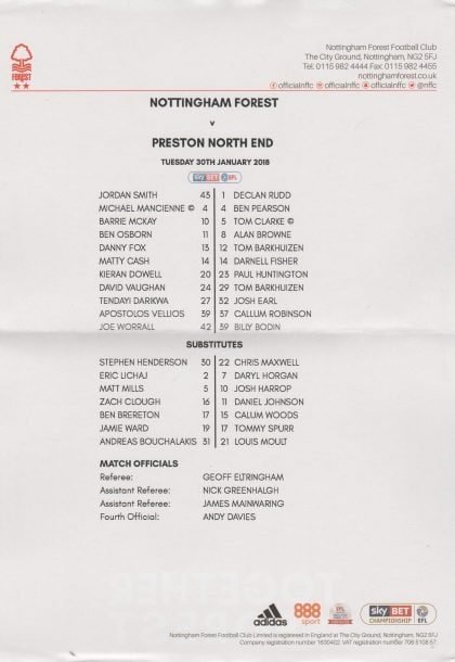 Nottingham Forest v Preston North End  30-Jan-2018