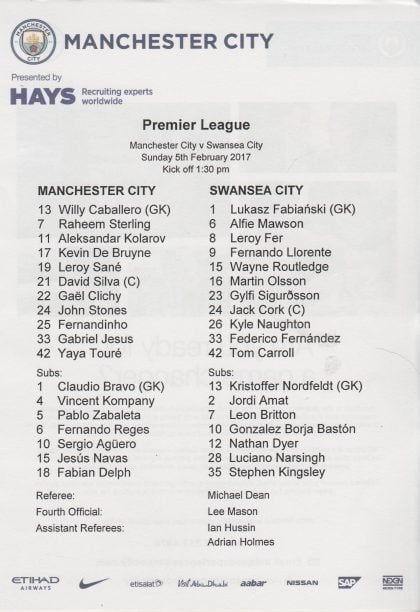 Manchester City v Swansea City  05-Feb-2017