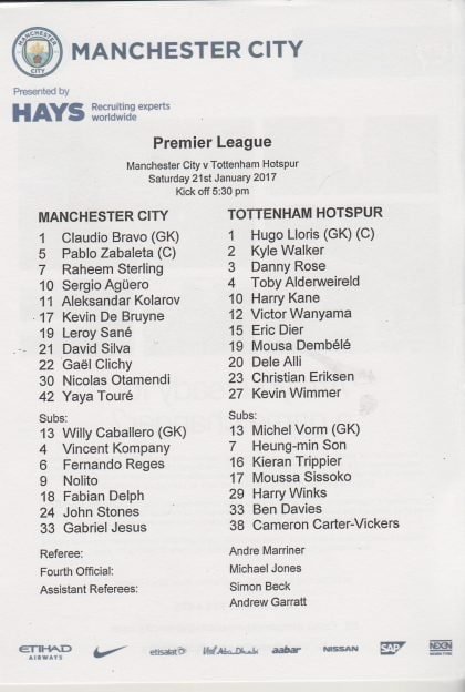Manchester City v Tottenham Hotspur 21-Jan-2017