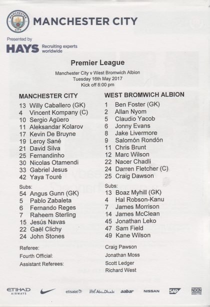 Manchester City v West Bromwich Albion 16-May-2017