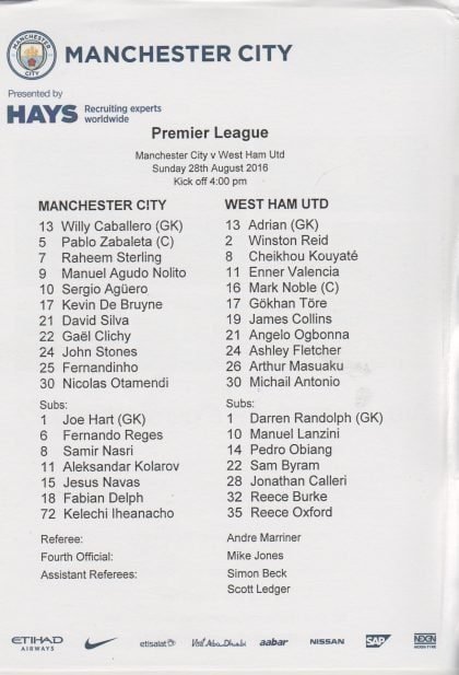 Manchester City v West Ham United  28-Aug-2016