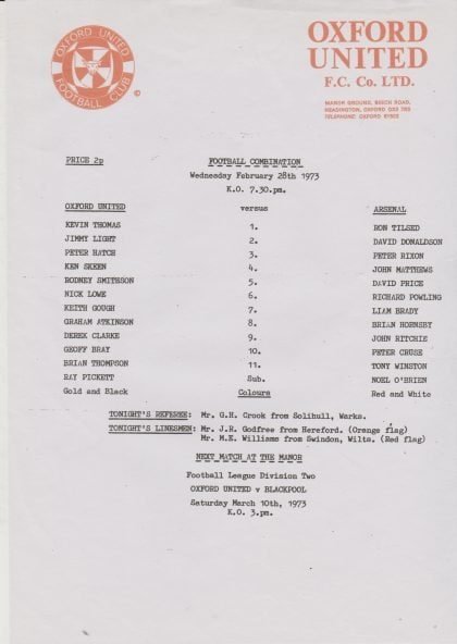 Oxford United Reserves v Arsenal Reserves 28-Feb-1973