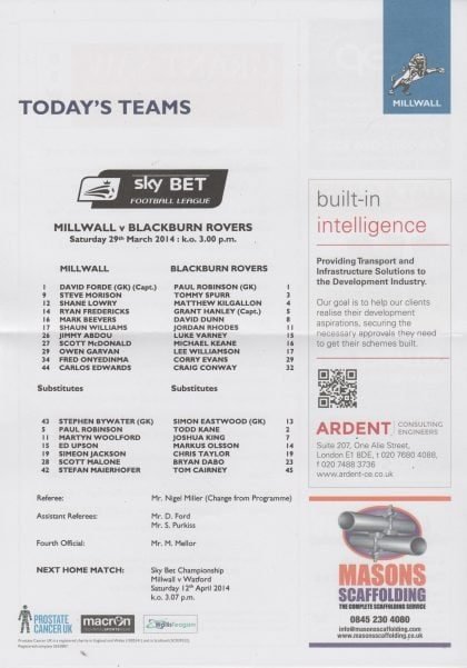 Millwall v Blackburn Rovers 29-Mar-2014