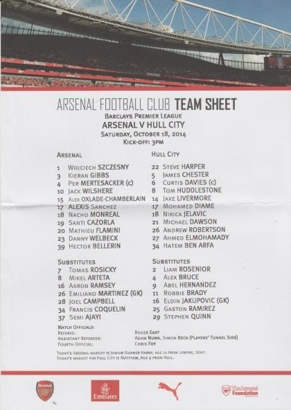 Arsenal v Hull City 18-Oct-2014