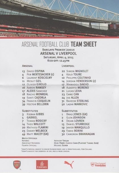 Arsenal v Liverpool  04-Apr-2015