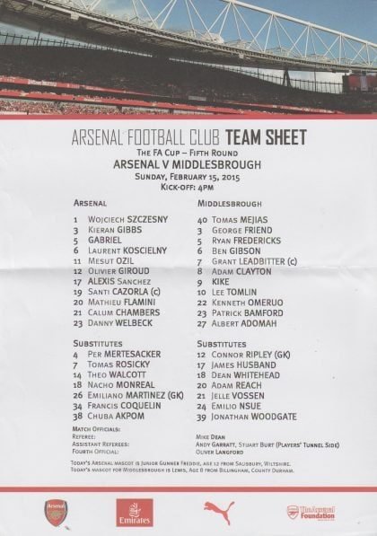 Arsenal v Middlesbrough 15-Feb-2015
