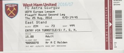 West Ham United v Astra Giurgiu  25-Aug-2016
