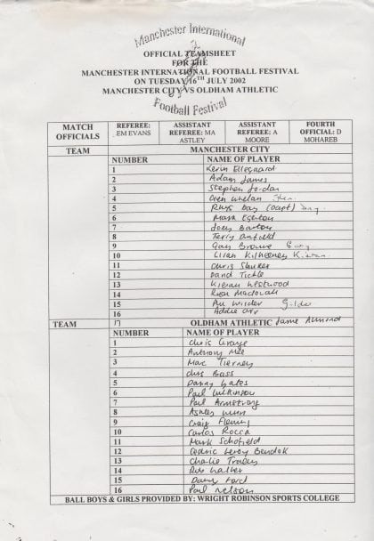 Oldham Athletic v Manchester City 16-Jul-2002