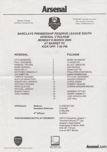 Arsenal Reserves v Fulham Reserves 06-Mar-2006