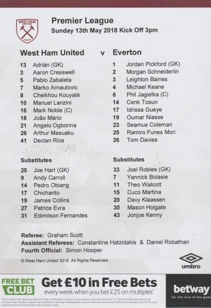 West Ham United v Everton 13-May-2018