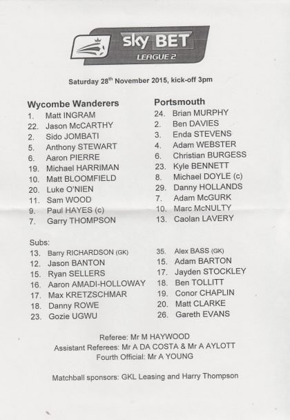 Wycombe Wanderers v Portsmouth 28-Nov-2015