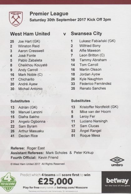 West Ham United v Swansea City  30-Sep-2017